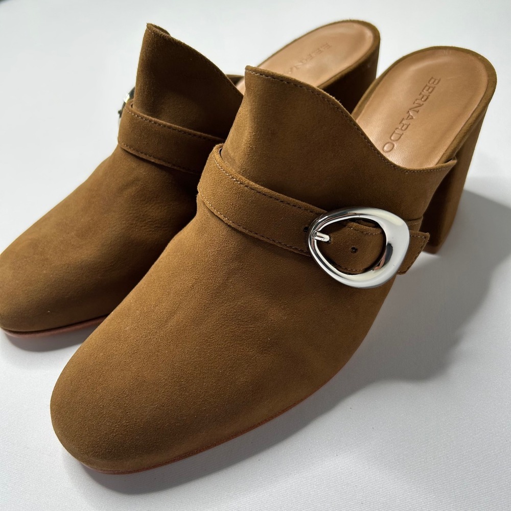 Bernardo Women's Mules Clogs Buckle Detail Block Heel Brown Leather Shoes - Picture 5 of 7
